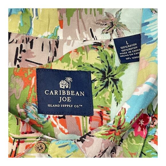 Caribbean Joe Hawaiian Shirt Large Rayon Palm Trees Huts Luau Tropical - Picture 6 of 8
